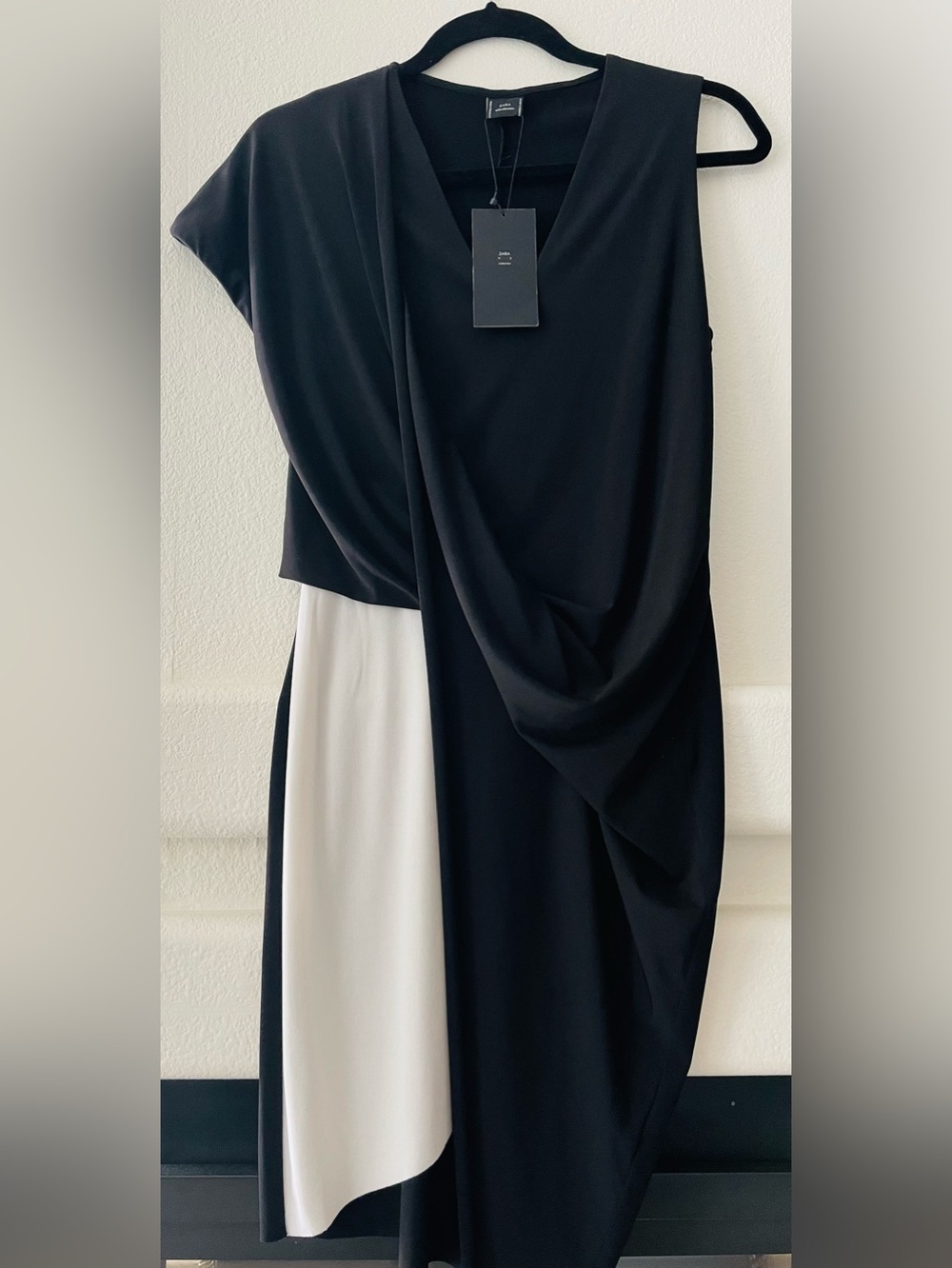 Zara Black and White Asymmetrical Draped Dress